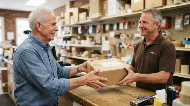An older man handing a sealed brown cardboard box across a shipping store counter to a smiling clerk