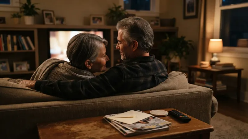 An older couple sitting close together on a living room couch watching a television in the evening, their faces lit by the screen, seen from behind and to the side