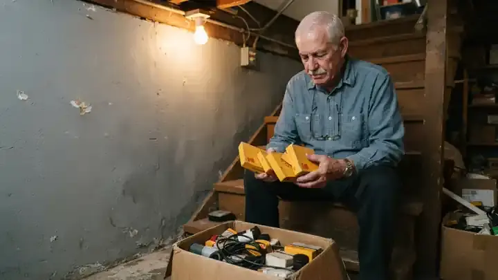 An older man sitting on wooden basement stairs holding three small yellow film reel boxes in his lap, lit by a single bulb, slow camera move